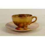 Royal Worcester miniature cup & saucer: Decorated with fruit all over by T Lockyer & F Harper,