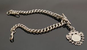 Silver double Albert watch chain with fob: Gross weight 75.6g.