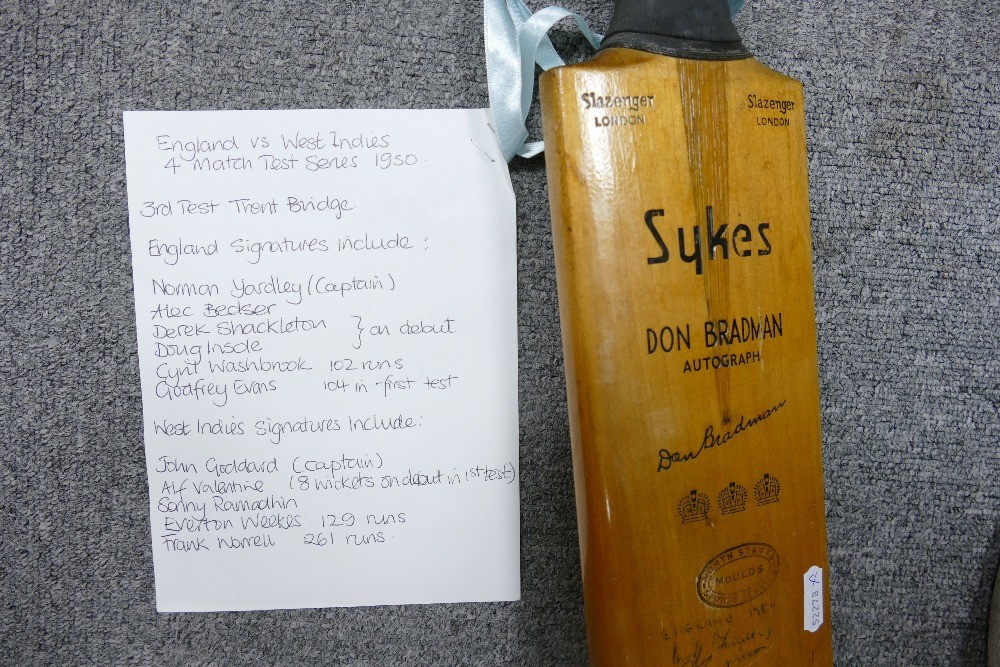 Sykes Don Bradman Autographed cricket bat: England V West Indies 1950 3rd test match at Trent - Image 6 of 6