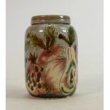 Cobridge Stoneware lidded pot decorated with fruits: Trial piece 1999, height 18.5cm.