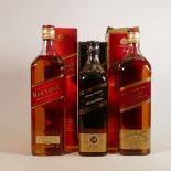 Three bottles of Johnnie Walker Old Scotch Whisky: 2 Red Label & 12 year Extra Special Black