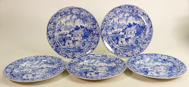 Five x mid 19th century English blue and white Chinoiserie decorated plates: 23cm across.