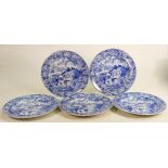 Five x mid 19th century English blue and white Chinoiserie decorated plates: 23cm across.