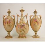 Royal Worcester 3 piece garniture of vases & covers: Late 19th century set comprising pair of two