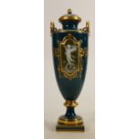 A Minton pate-sur-pate twin handled vase & cover: Decorated by Albion Birks, the slender blue gilded