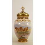 A Royal Worcester crown top pot pourri vase & cover: Decorated with highland cattle in a landscape