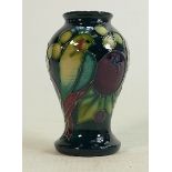 Moorcroft vase Finch Teal pattern: Measures 10cm x 6cm, with box. C1990 by Sally Tuffin. No damage