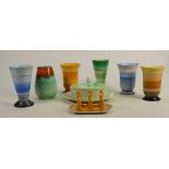 A collection of Shelley Harmony ware toast rack, vases & covered muffin dish: Varying shapes, height