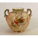 Royal Worcester blush ivory two handled vase: Decorated with flowers, height 12.5cm. (Some wear to