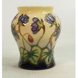 Moorcroft vase Hepatica pattern: Measures 9cm x 7cm. With box. No damage or restoration.