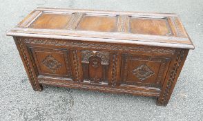 Early 19th century carved Oak 3 panel Coffer: Length 106cm, width 43cm & height 53cm.