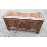 Early 19th century carved Oak 3 panel Coffer: Length 106cm, width 43cm & height 53cm.