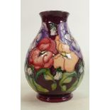 Moorcroft vase Pansy pattern: Measures 18cm x 13cm, with box. No damage or restoration, some very