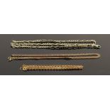 Three 9ct gold neck chains: Gross weight 36.4g, length starting with finest - 62cm, 39cm & 50cm, mid