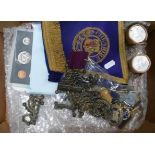 Masonic jewels including silver and effects together with coins etc: Includes 7 masonic jewels of