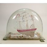 19th century domed glass Frigger sailing ship: Some internal damage, height of dome 33cm.
