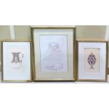 Three framed pottery workers hand painted pattern samples: Largest 66cm x 55cm. (3)
