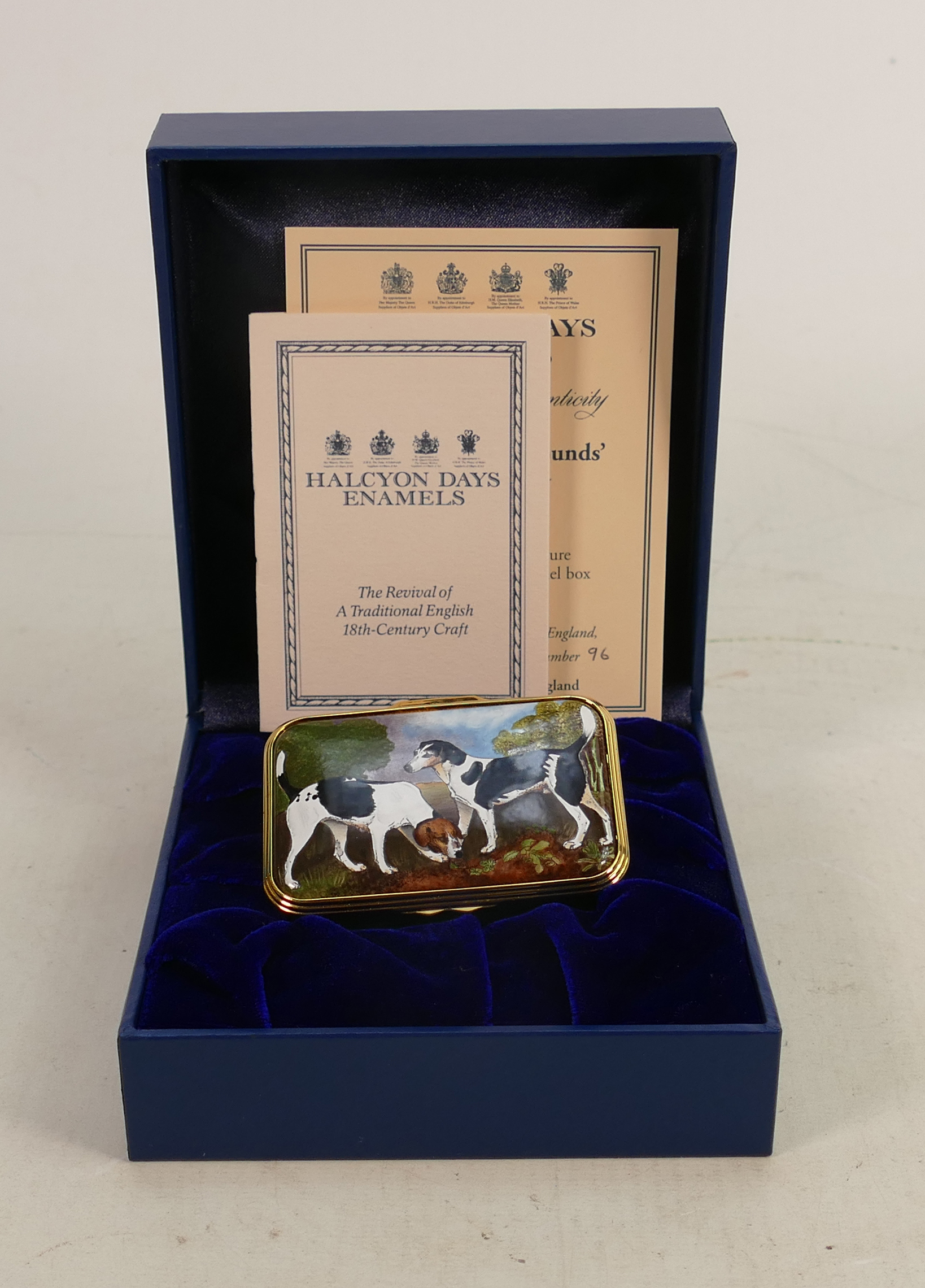 Halcyon Days hand painted enamel box COUPLE OF FOXHOUNDS after Stubbs: Limited edition 96/150 with