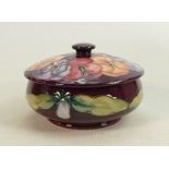 Moorcroft lidded dish Pansy pattern: Measures 12cm wide, with box. No damage or restoration.