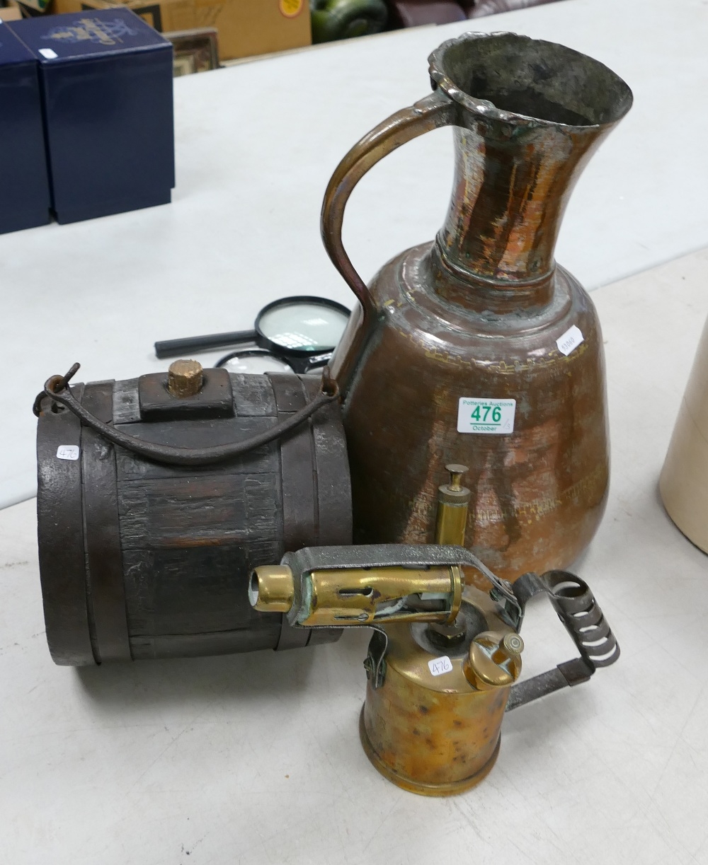 A small oak barrel with handle: together with a copper jug and a brass blow torch