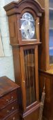 Reproduction mahogany 8 day grandfather clock: with weights and pendulum, 193cm high.