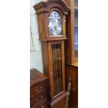 Reproduction mahogany 8 day grandfather clock: with weights and pendulum, 193cm high.