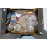 A mixed collection of items to include: Glass Dressing Table items, silver plated items, Elton