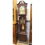 Reproduction Mahogany effect Grandfather clock: with instructions, weights and key etc. Height 191cm
