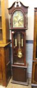 Reproduction Mahogany effect Grandfather clock: with instructions, weights and key etc. Height 191cm