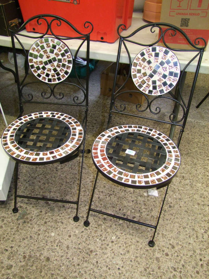 Pair of wrought metal and mosaic folding bistro chair: (2).