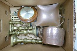 A collection of metal ware items to include: Brass Candlesticks, Copper Kettle, Barometer etc