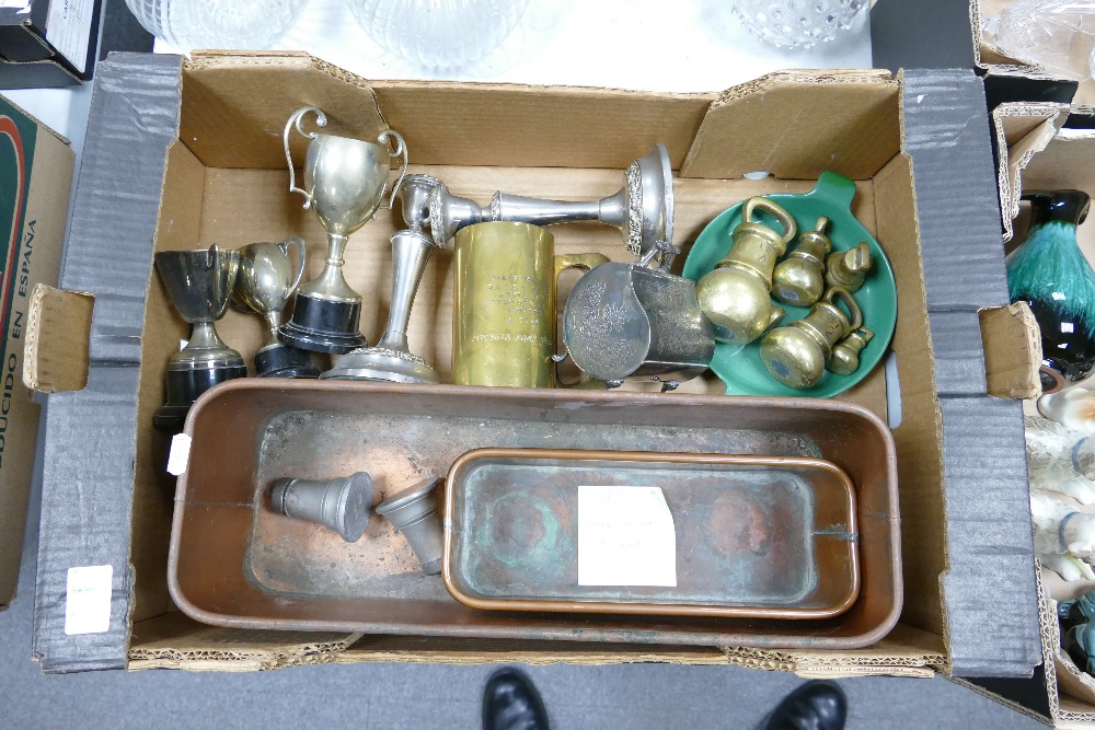 A mixed collection of items to include: Trench Art Tankard, Copper Troughs , brass kitchen