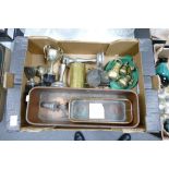 A mixed collection of items to include: Trench Art Tankard, Copper Troughs , brass kitchen