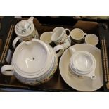 A mixed collection of tea and serving ware items: soup tureen, tea pot, coffee pot, 6 mugs etc.