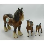 Beswick 818 Shire Horse( nip to ear): together with Heads Up Pony (one ear a/f), Foal 996(damaged)(
