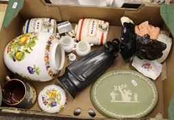 Mixed collection of ceramic items: Wedgwood jasper ware oval plaque, Wedgwood Sandeman decanter,