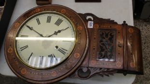 Victorian drop dial inlaid wall clock: Pendulum & key present, 69cm in length.