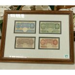 Framed English bank notes: to include £1 note x 2 and 2 x 10 shillings notes