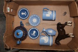 Wedgwood japser ware: to include bud vase, tankards, small dishes, a ceramic horse and tea pot (1
