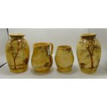 Radford Mottle Brown Jugs & Vases: with trees & foliage decoration, height of tallest 21cm(4)