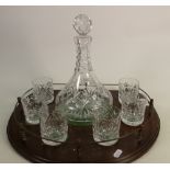 Cut Glass Whiskey Decanter Set: sat on matching display wooden gallery tray