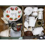 A mixed collection of items to include: Teapots, jugs, cafetieres, kitchen implements etc (2 trays)