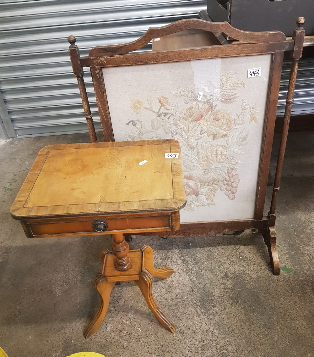 An Edwardian small pedestal side table: together with an ornate oak framed fire screen.