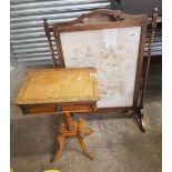 An Edwardian small pedestal side table: together with an ornate oak framed fire screen.