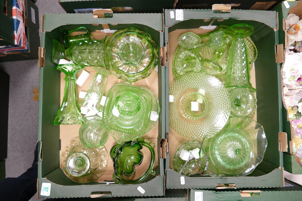 A large collection of Art Deco Green Pressed Glass Ware including: vases, bowls, desert dishes