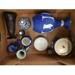 A Collection of Dip Blue Wedgwood & similar Jasperware items to include: 12 inch Vase (a/f), Dancing