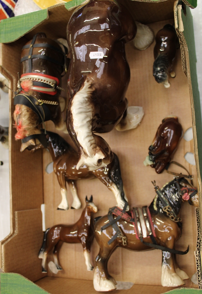 A collection of ceramic horse figures: Beswick 818 in harness (a/f), Melba ware examples etc (1