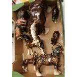 A collection of ceramic horse figures: Beswick 818 in harness (a/f), Melba ware examples etc (1