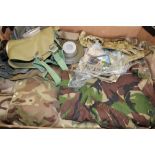 A quantity of camouflage clothing: shirts, pair of gloves, gas mask etc (1 tray).