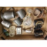 A mixed collection of items to include: pewter tankards, glass inkwells, glass decanter, German